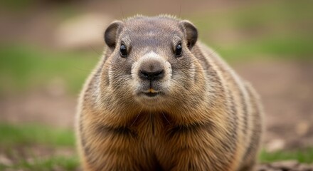 Fototapeta premium Groundhog standing alert near its burrow in a grassy field. A burrowing rodent known for predicting seasons, thick fur, and strong connection to nature and countryside life.