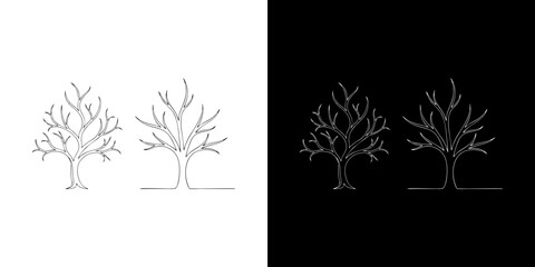 Obraz premium Minimalist outline of two bare trees, one in white and one in black, on contrasting backgrounds