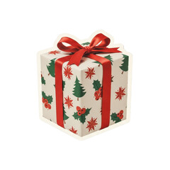 A festive white gift box adorned with holly and stars, wrapped in red ribbon, against a clean white background.