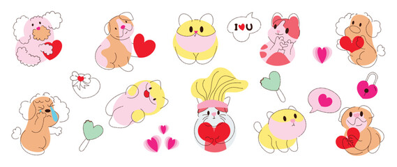 Valentine cute animal vector illustration set with dogs, cats, hamster and bunny holding heart shapes. Hand drawn sweet love design for greeting cards, stickers, posters and romantic decorations.