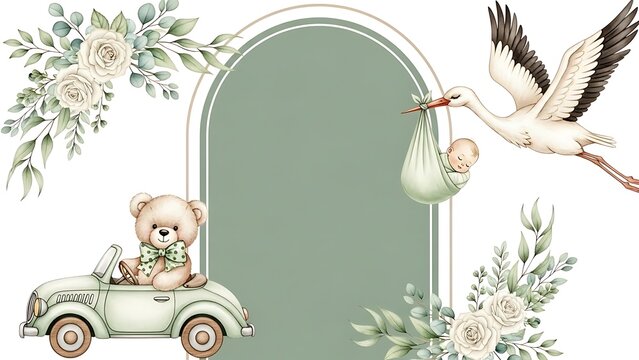 Sage Green Botanical Baby Shower Frame with Stork and Bear