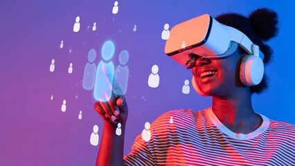 A joyful woman wearing a virtual reality headset engages with digital avatars in a vibrant setting,...