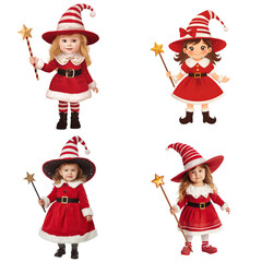 Christmas set of adorable dolls in festive outfits playroom digital illustration cheerful atmosphere whimsical perspective