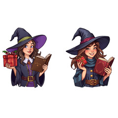 Christmas set featuring witches with gifts and books fantasy environment joyful scene magical concept