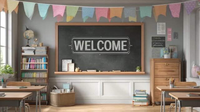 Cozy classroom interior with welcome board and sunlight streaming through windows. Classroom welcome sign with colorful decorations, concept of back to school