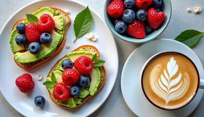 Healthy breakfast avocado toast with berries and latte art coffee