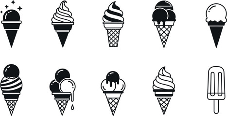 Set of ice cream and popsicle vector icons featuring soft serve waffle cones double scoops and frozen treats for summer cafe menus parlor branding and sweet dessert graphic designs