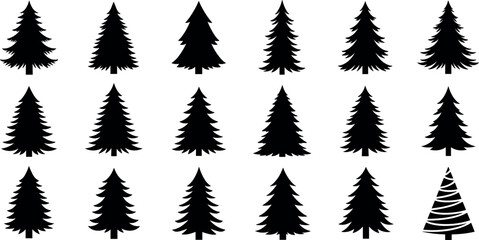 Obraz premium Set of pine tree silhouettes featuring various fir and spruce evergreen styles and a stylized Christmas tree for winter forest landscapes seasonal holiday branding and outdoor nature graphic designs