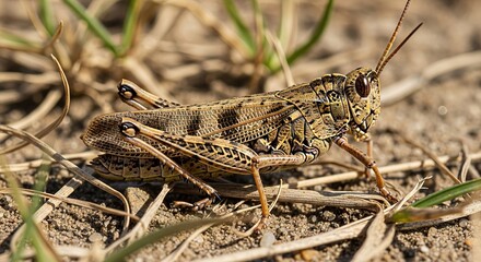 Grasshopper perched on green grass with long hind legs and textured body. A common jumping insect symbolizing nature, agriculture, and summer wildlife.