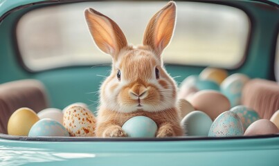Easter bunny surrounded by eggs and a vintage car, symbolizing the holiday season with pastel colors, chocolate, and a cute face. A playful and festive image of a rabbit and animal, Generative AI