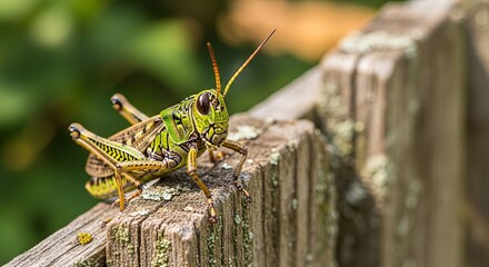 Grasshopper perched on green grass with long hind legs and textured body. A common jumping insect symbolizing nature, agriculture, and summer wildlife.