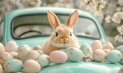 Easter bunny surrounded by eggs and a vintage car, symbolizing the holiday season with pastel colors, chocolate, and a cute face. A playful and festive image of a rabbit and animal, Generative AI
