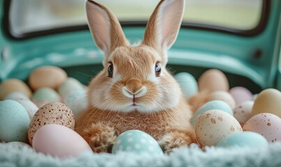 Easter bunny surrounded by eggs and a vintage car, symbolizing the holiday season with pastel colors, chocolate, and a cute face. A playful and festive image of a rabbit and animal, Generative AI