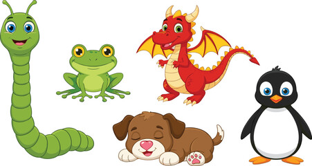 Cute Cartoon Animals Collection with Worm Frog Dragon Puppy and Penguin Characters, Colorful Flat Vector Illustration for Kids Education, Nursery Decor, and Children Design