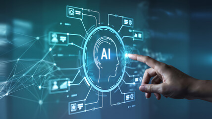 A businessman's hand touches a digital screen interface button symbolizing global network communication and future technology concepts in a world of social media data and internet connectivity