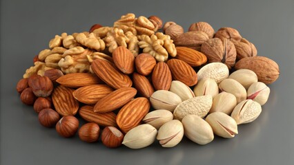 3D Infographic Concepts A variety of nuts arranged artistically on a gray background.