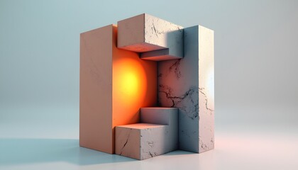 Abstract geometric sculpture with internal orange light source and textured concrete blocks