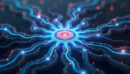 Abstract representation of a central processing unit or artificial intelligence network with glowing blue data streams and connections on a dark background