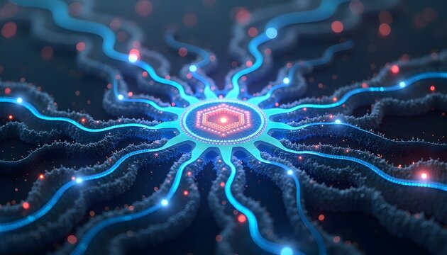 Abstract representation of a central processing unit or artificial intelligence network with glowing blue data streams and connections on a dark background - Powered by Adobe