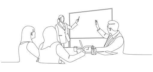 Continuous Line Drawing of Business Team Meeting and Data Presentation