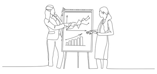 Continuous Line Drawing of Two Businesswomen Analyzing Data and Presenting at Office Meeting