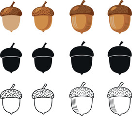 Set of brown acorn vector icons in flat silhouette and line art styles for autumn season forest nature oak tree and thanksgiving holiday design elements © MdNazmul