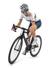 Naklejka premium Female Cyclist in White Jersey Riding Road Bike on Isolated Background