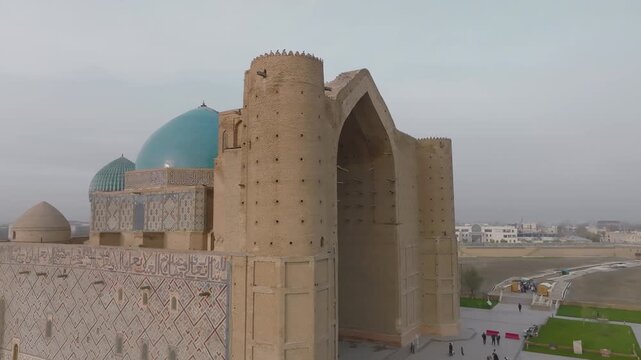 Aerial drone flying over the ancient mausoleum of khoja ahmed yasawi in turkistan