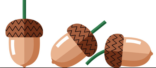 Set of three stylized brown acorn icons with green stems in a flat vector design for autumn seasonal decor harvest celebrations and nature branding © MdNazmul