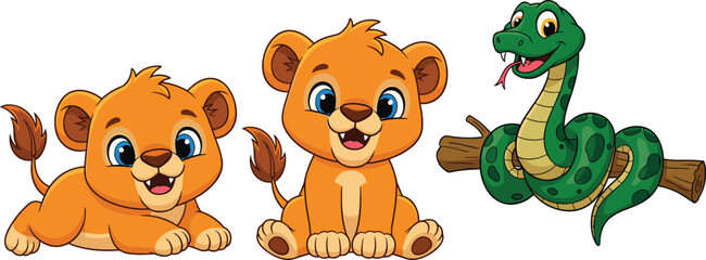 Cute Cartoon Lion Cubs and Snake Characters Set, Colorful Flat Vector Illustration for Kids Education, Animal Learning, Nursery Decor, and Children Design Projects