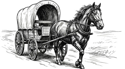 Vintage hand drawn vector illustration of horse pulling covered wagon in black and white sketch style for wild west history concept © Ruhul