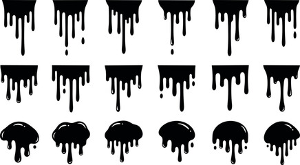 Set of black dripping liquid silhouettes and melting paint drops for street art graffiti style urban design slime effects and creative fluid backgrounds