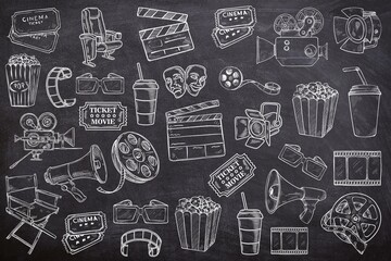 Various of cinema element seamless set on black background. Sketch of cinema, movie, ticket, food, drink, watch, entertainment on chalk board. Line art of cinema on black board