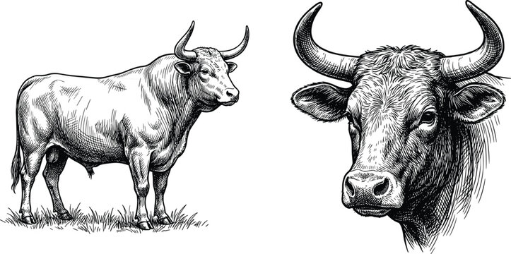 Hand drawn vector illustration set of standing bull side view and horned head portrait in vintage black and white engraving style