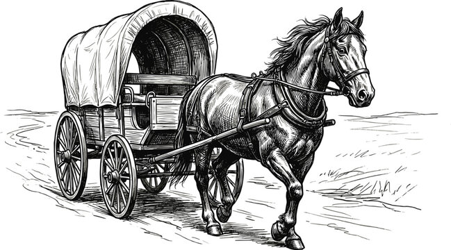 Vintage hand drawn vector illustration of horse pulling covered wagon in black and white sketch style for wild west history concept