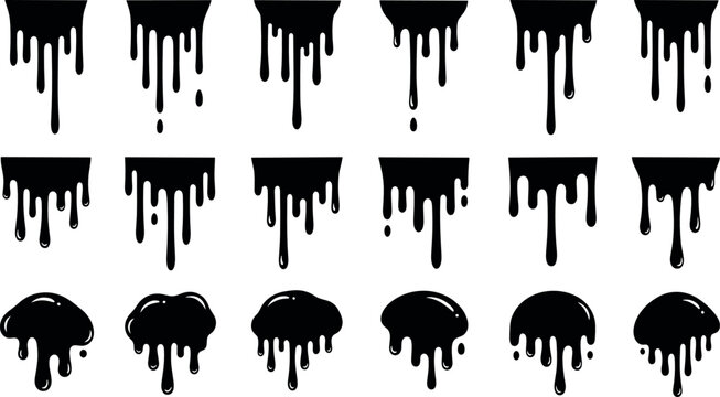 Set of black dripping liquid silhouettes and melting paint drops for street art graffiti style urban design slime effects and creative fluid backgrounds