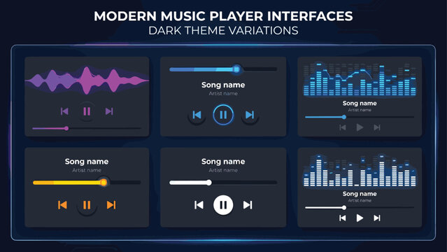 Modern music player user interface kit featuring dark theme variations with audio sound waves for mobile app design vector illustration