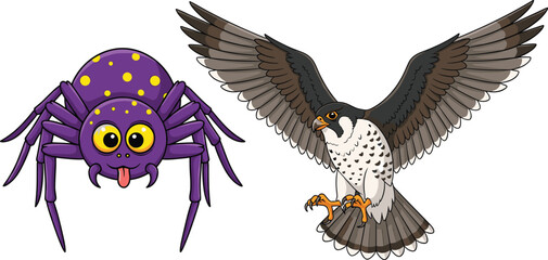 Cute Cartoon Spider and Flying Falcon Characters Set, Colorful Flat Vector Illustration for Kids Education, Animal Learning, Wildlife Concepts, and Children Design Projects