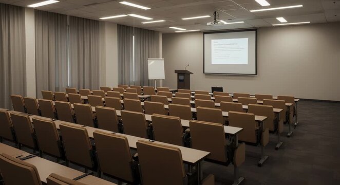Empty auditorium with rows of seats and projector screen