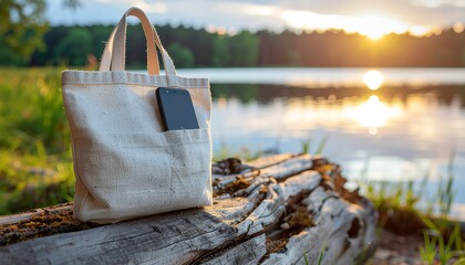 Linen tote bag with a smartphone inside sitting on a log by a calm lake at sunset, travel and digital detox theme