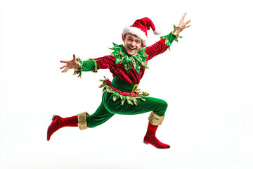 Merry Elf in Colorful Costume Jumping with Holiday Cheer