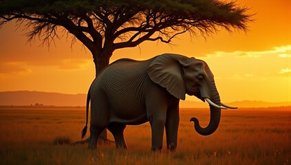 Naklejka premium A majestic African elephant stands under a baobab tree at golden sunset, showcasing wildlife beauty in savanna grasslands.