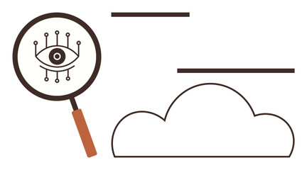 Magnifying glass with an eye and circuit design over a cloud outline. Ideal for data analysis, digital security, AI, cloud computing, big data, innovation, and technology concepts simple flat