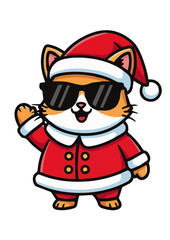 Cartoon santa cat in sunglasses waving hand for christmas holiday