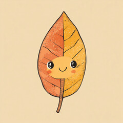 Cute hand drawn autumn leaf character with smiling face, minimalist flat illustration in warm colors, cozy seasonal design