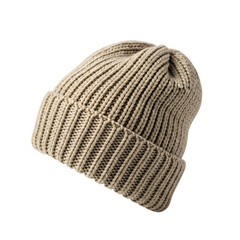 Knitted beige fisherman beanie hat with thick ribbing on transparent background