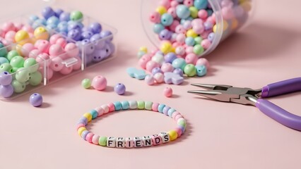 Colorful Beaded Bracelet and Crafting Supplies on Table