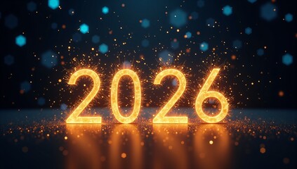 Glowing 2026 year display with sparkling particles and bokeh lights. Perfect for New Year celebrations, digital design, and futuristic themes.