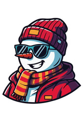 Cartoon snowman with sunglasses and winter clothing on white background