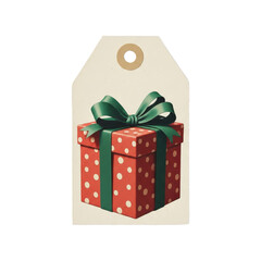 A gift tag with a beautifully wrapped present adorned with a green ribbon and red polka dots